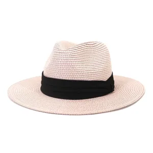 Detailed view of the summer beach straw fedora hat featuring a stylish black ribbon band.