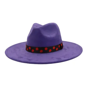 Chapeau fedora en suédine violette avec ruban à pois rouges, chapeau jazz à large bord.