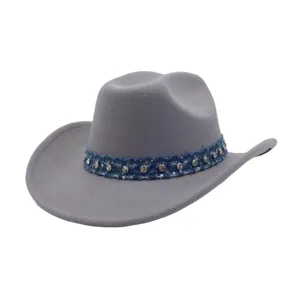Grey wool cowboy hat detail, ethnic denim rhinestone band, jazz hat feature close-up.