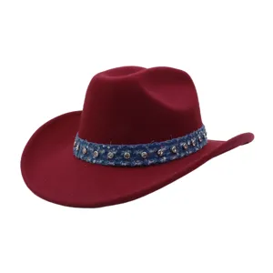 Woolen western cowboy hat detail showing rhinestone denim band and retro felt texture design.