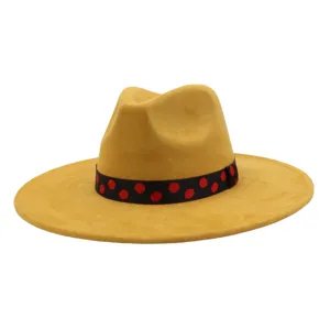 Chapeau fedora en daim à large bord avec ruban à pois rouges style unisexe jazz neuf