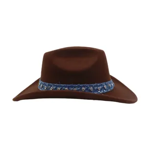 Brown wool cowboy hat with blue denim rhinestone band, stylish western jazz hat for adults.
