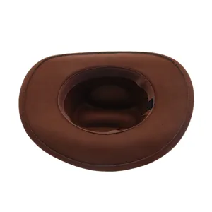 Detailed view of the brown felt cowboy hat interior lining, showing fine craftsmanship.