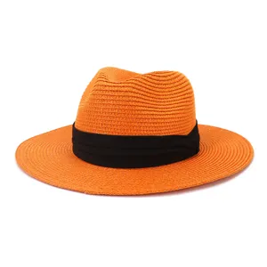 Orange straw fedora hat for women men, wide brim summer beach sun hat outdoor casual cap.