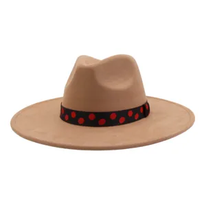 Chapeau fedora en suédine à large bord pour hommes et femmes, coiffe rétro avec ruban à pois.