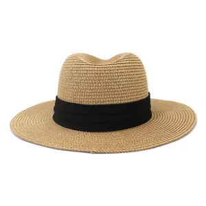 Outdoor beach sunshade straw hat for summer, classic jazz style with black ribbon band.