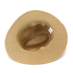Detailed view of the paper straw fedora hat, showing inner lining and material label for summer.