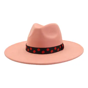 Chapeau fedora rose a large bord pour femme et homme feutre jazz avec ruban a pois rouge