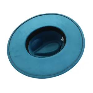 Vue détaillée de l'intérieur et du bord large d'un chapeau fedora en suédine bleue chic.