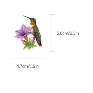 Hummingbird sticker detail view showing dimensions for laptop and journal decoration.