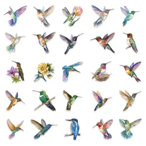 Detailed view of colorful watercolor hummingbird stickers for journaling and DIY crafts.