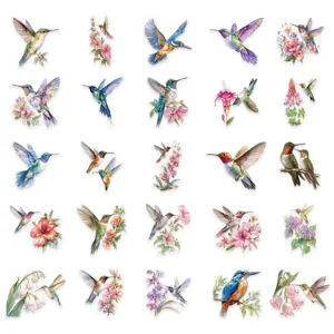 Watercolor hummingbird and floral PET stickers, delicate botanical illustrations for journal decor.