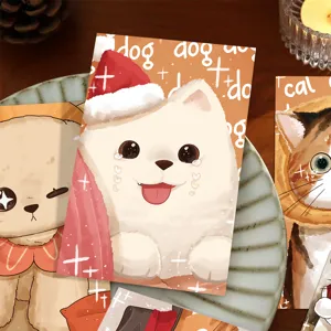 Cute cartoon pet postcards set featuring adorable dogs and cats with warm illustrations for cozy gifts.