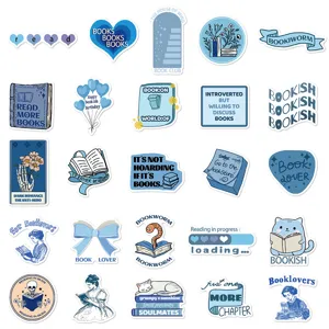 Blue aesthetic reading theme waterproof stickers set for journal laptop water bottle decor