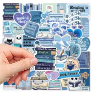 Blue bookish theme sticker detail shot, waterproof aesthetic sticker pack for phone and laptop.