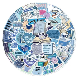 Blue aesthetic book lover sticker details, waterproof vinyl decals for phone and water bottle.