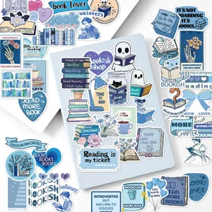 Detailed view of blue aesthetic reading stickers, waterproof book lover decal pack.