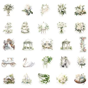Vintage white wedding waterproof stickers, romantic floral and swan designs for DIY journal.