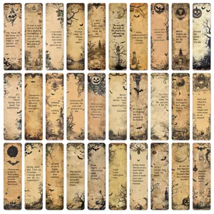 Detailed view of 30 vintage dark motivational quote bookmarks set, gothic stationery design.