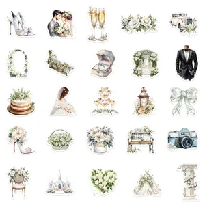 Vintage white floral wedding stickers set, waterproof DIY journal and scrapbooking decorative decals.