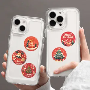 Detailed close up of Christmas round stickers featuring festive holiday graphics.