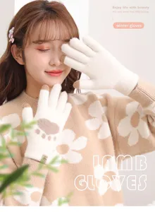 Winter warm cute cat paw knit gloves for women, thick plush touch screen thermal winter gloves.
