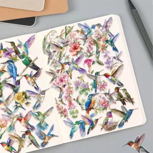 Hummingbird PET stickers detail close-up showing colorful watercolor birds and floral designs.