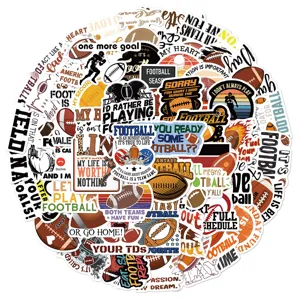 Detailed shot of American football sticker pack, waterproof PVC decals for laptop luggage.