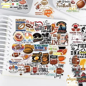 Detail view of American football waterproof stickers featuring various sports slogans and designs.