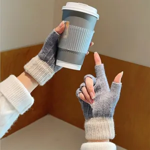 Women half finger knit gloves winter warm cozy color block woolen mittens cute student wear