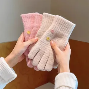 Cute winter knit touchscreen gloves for women, warm and thick knitted thermal mittens.