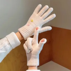 Women winter touch screen knitted gloves cute warm thick thermal mittens for cold weather riding.