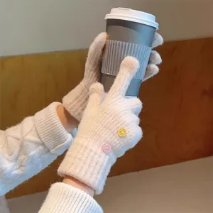 Women thick warm knitted touchscreen gloves cute fleece lined winter hand wear white