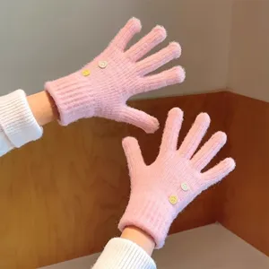 Pink cute knitted touchscreen gloves for women, winter warm thick thermal gloves for riding.