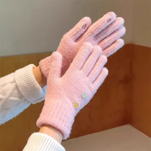 Women's Winter Touch Screen Knitted Gloves Pink Warm Cute Outdoor Cycling Thermal Mittens