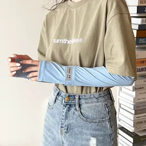 Ice silk sun protection sleeves for women, breathable UV blocking arm covers in light blue.