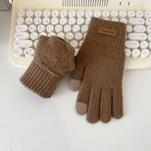 Women's autumn winter brown knitted touch screen gloves warm thick woolen thermal five finger