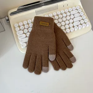Women winter thermal knit touch screen gloves, stylish brown woolen cold weather gloves.
