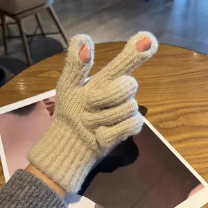 Women winter thick knit touch screen gloves cute warm winter cycling outdoor solid color