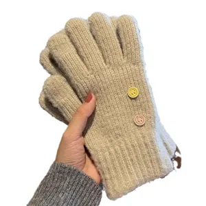 Women's winter thick warm knit gloves with cute smiley buttons for cycling and daily use