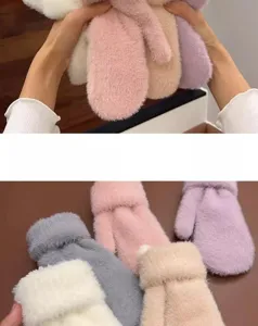 Winter thick warm plush solid color mittens for women, cute cozy soft outdoor riding gloves.