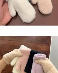 Close-up detail of soft fuzzy winter plush mittens in various cozy solid colors for women.