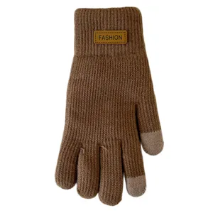Women winter warm knitted touchscreen gloves brown maillard style thick thermal five finger