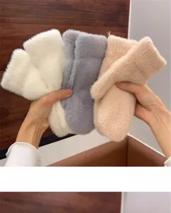 Winter thick warm plush solid color gloves for women, soft fuzzy cozy cold weather wear.