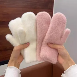 Women Winter Thickened Warm Plush Solid Color Mittens Student Fashion Casual Cycling Cold Proof Thermal Gloves