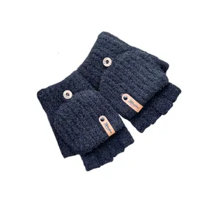 Dark grey knitted flip-top half-finger winter gloves with stylish leather label.