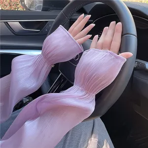 Ice silk sun protection sleeves detail view, breathable driving arm cover in light purple.