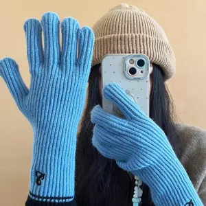 Winter warm blue knit touchscreen gloves with long cuffs and cute embroidery details for daily wear.