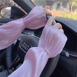 Summer UV protection ice silk long arm sleeves for driving, breathable purple pleated arm covers.