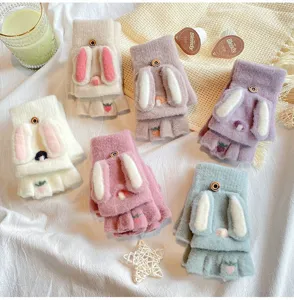Cute rabbit ear knit half finger gloves winter warm convertible mittens for women cozy